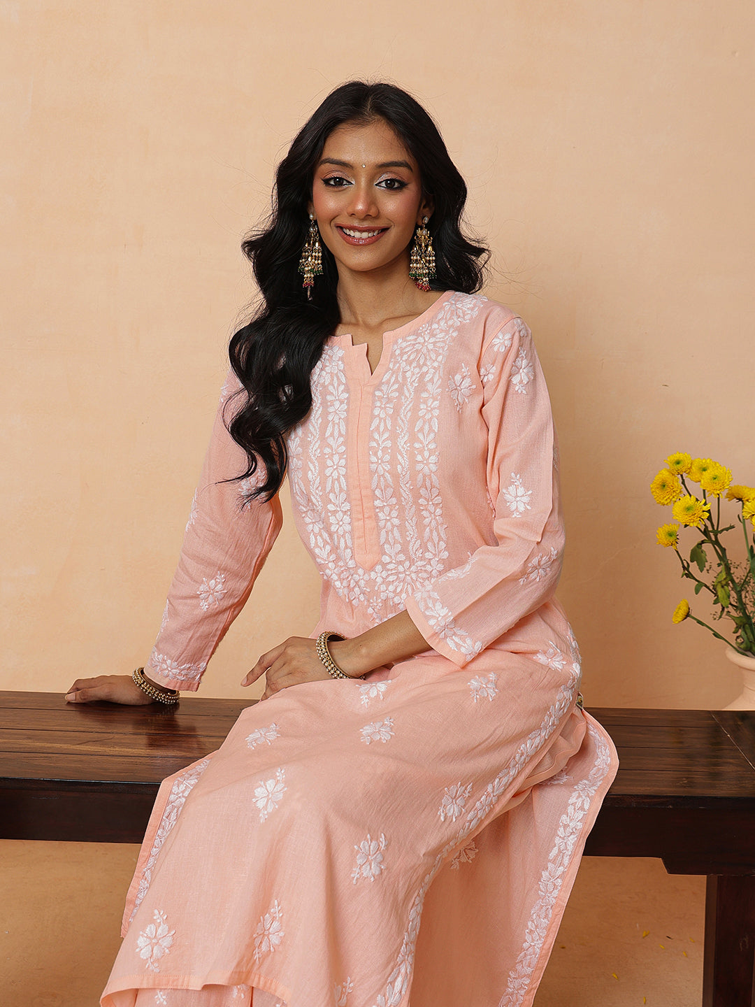 Ada Hand Embroidered Peach Linen Lucknowi Chikankari Co-Ord Set A811387