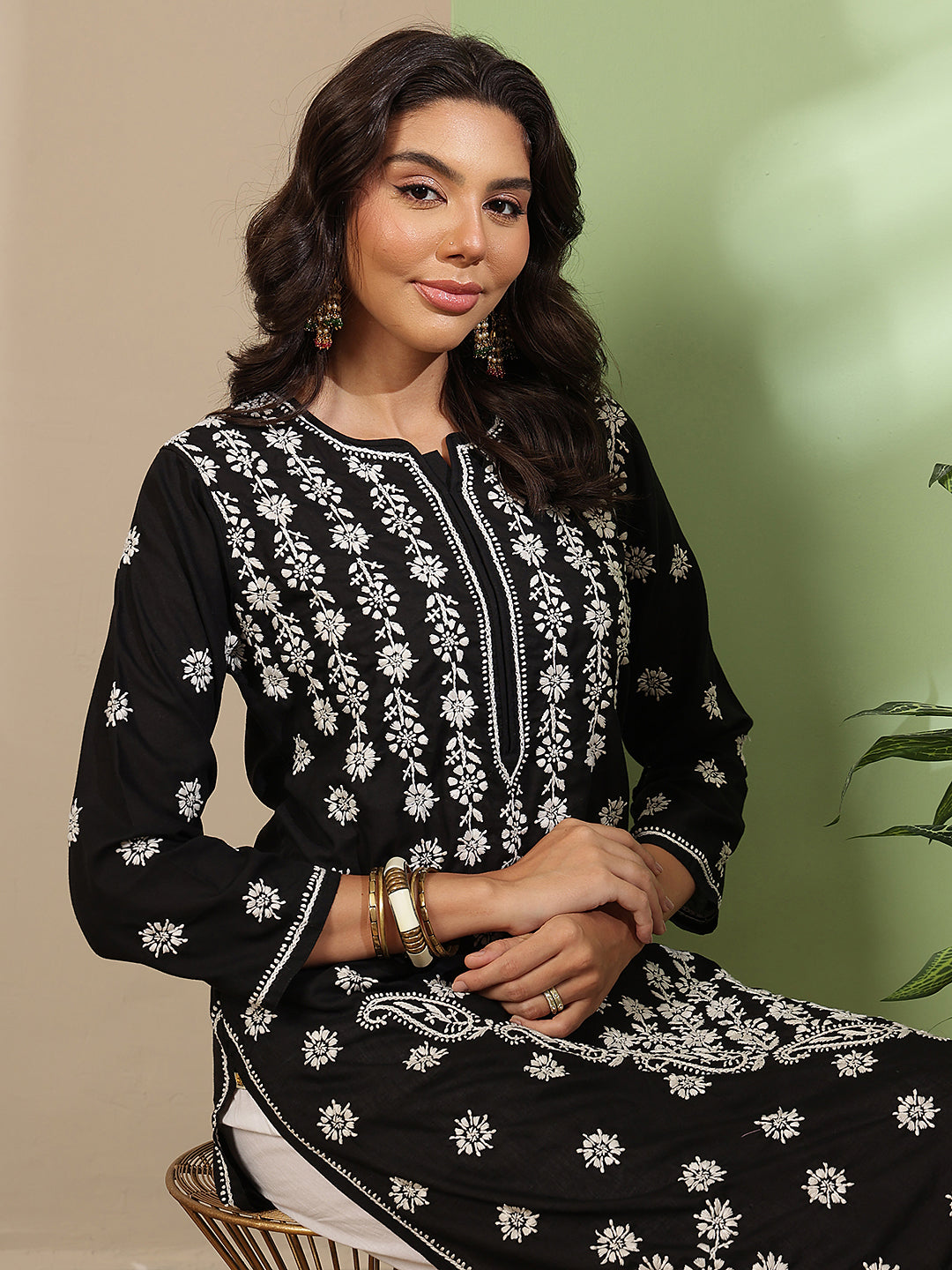 Ada Hand Embroidered Black Cotton Lucknow Chikankari Straight Kurta A130717
