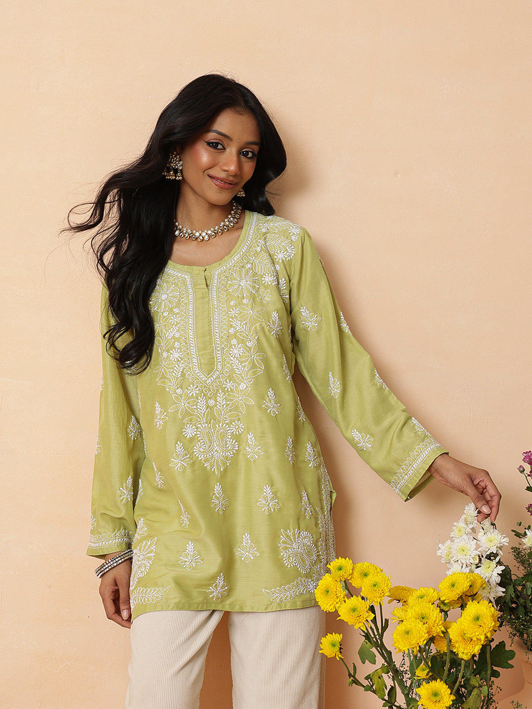 Ada Hand Embroidered Green Muslin Lucknowi Chikankari Short Kurti A911582