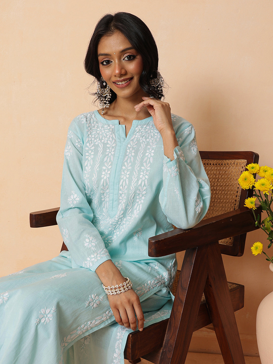 Ada Hand Embroidered Blue Linen Lucknowi Chikankari Co-Ord Set A811385
