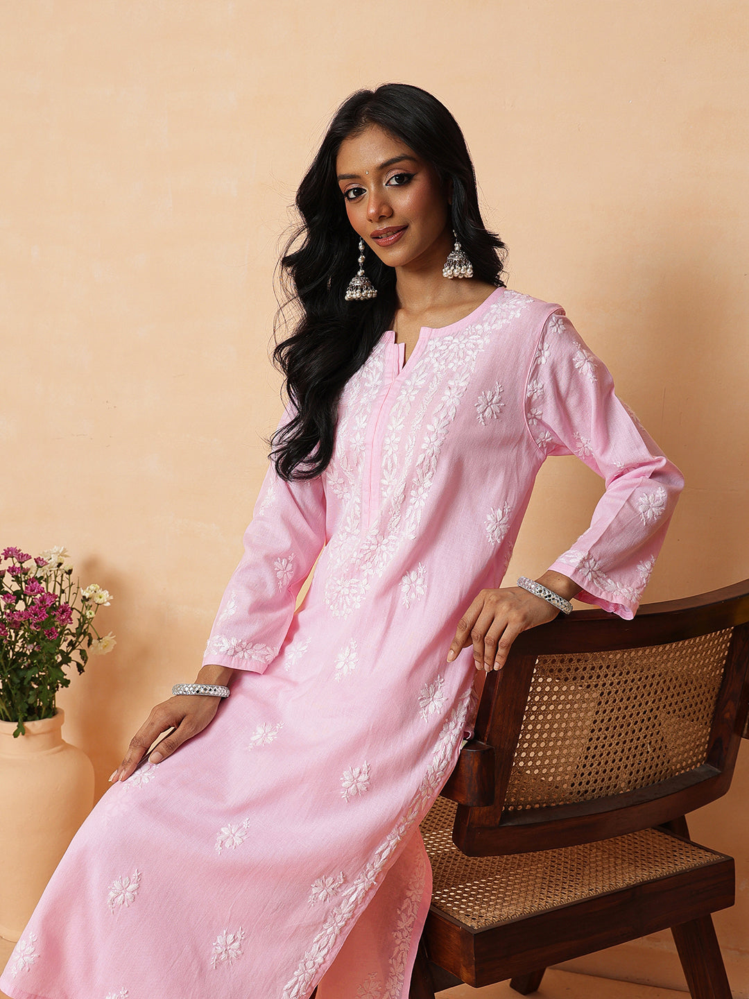 Ada Hand Embroidered Pink Linen Lucknowi Chikankari Co-Ord Set A811389