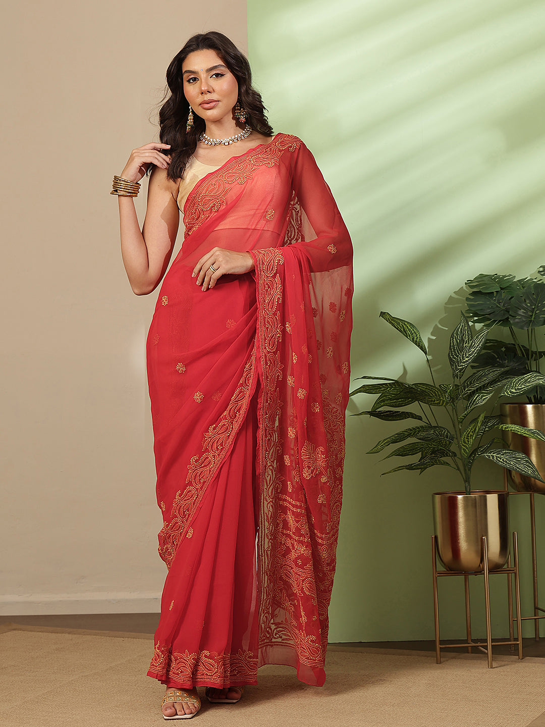 Ada Hand Embroidered Red Georgette Lucknowi Chikankari Saree With Blouse A311193