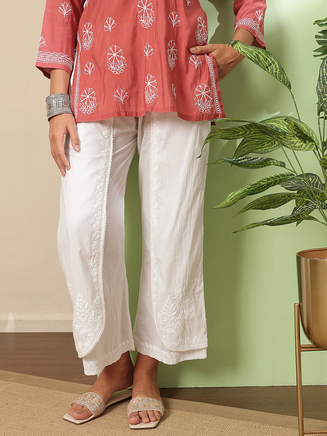 Ada Hand Embroidered White Cotton Lucknowi Chikankari Palazzo A711146