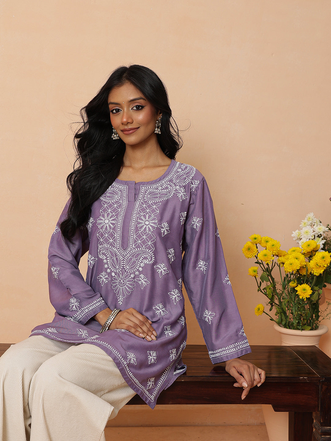 Ada Hand Embroidered Mauve Muslin Lucknowi Chikankari Short Kurti A911580