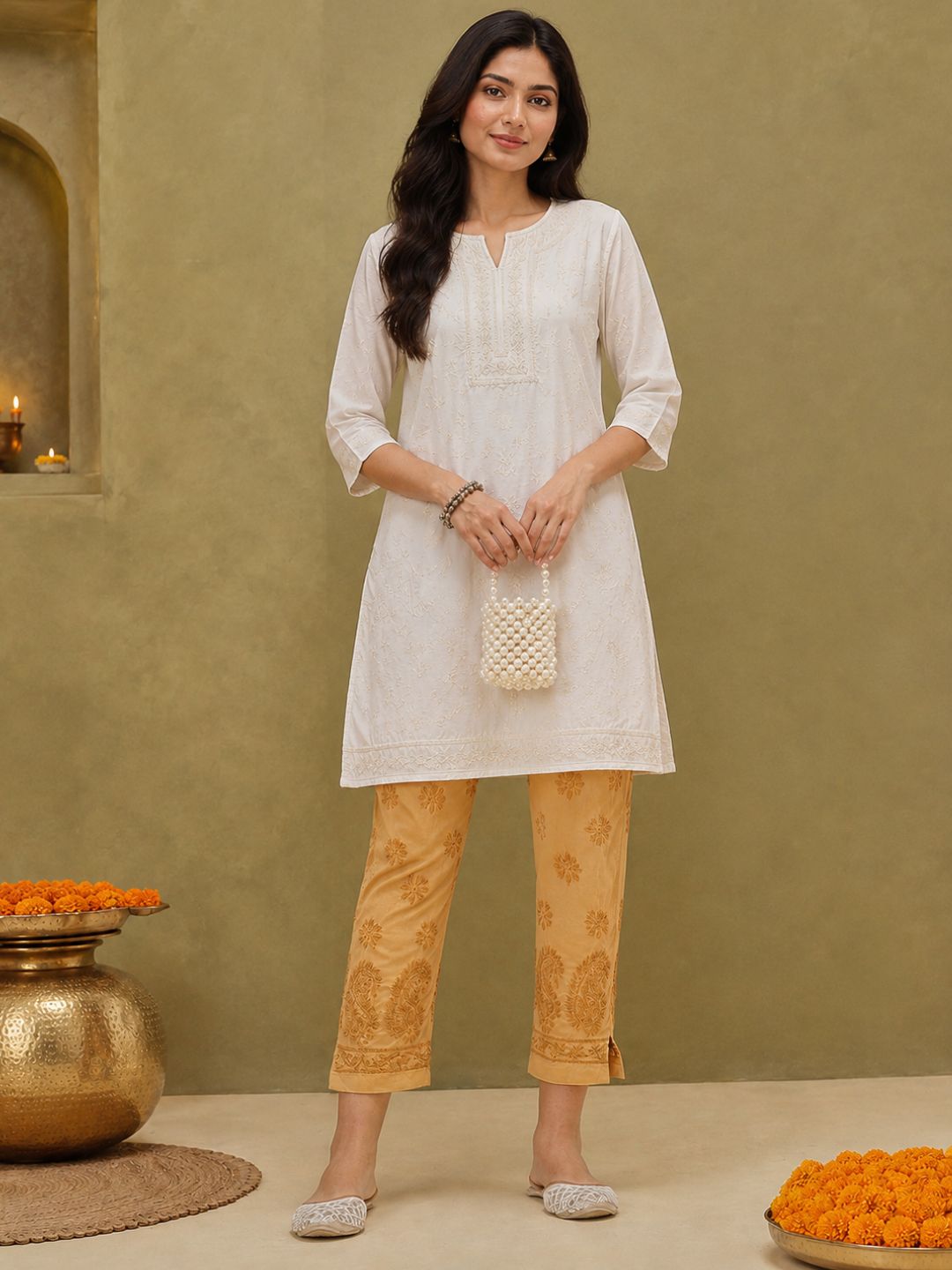 Ada Hand Embroidered Fawn Cotton Lucknowi Chikankari Palazzo A100586