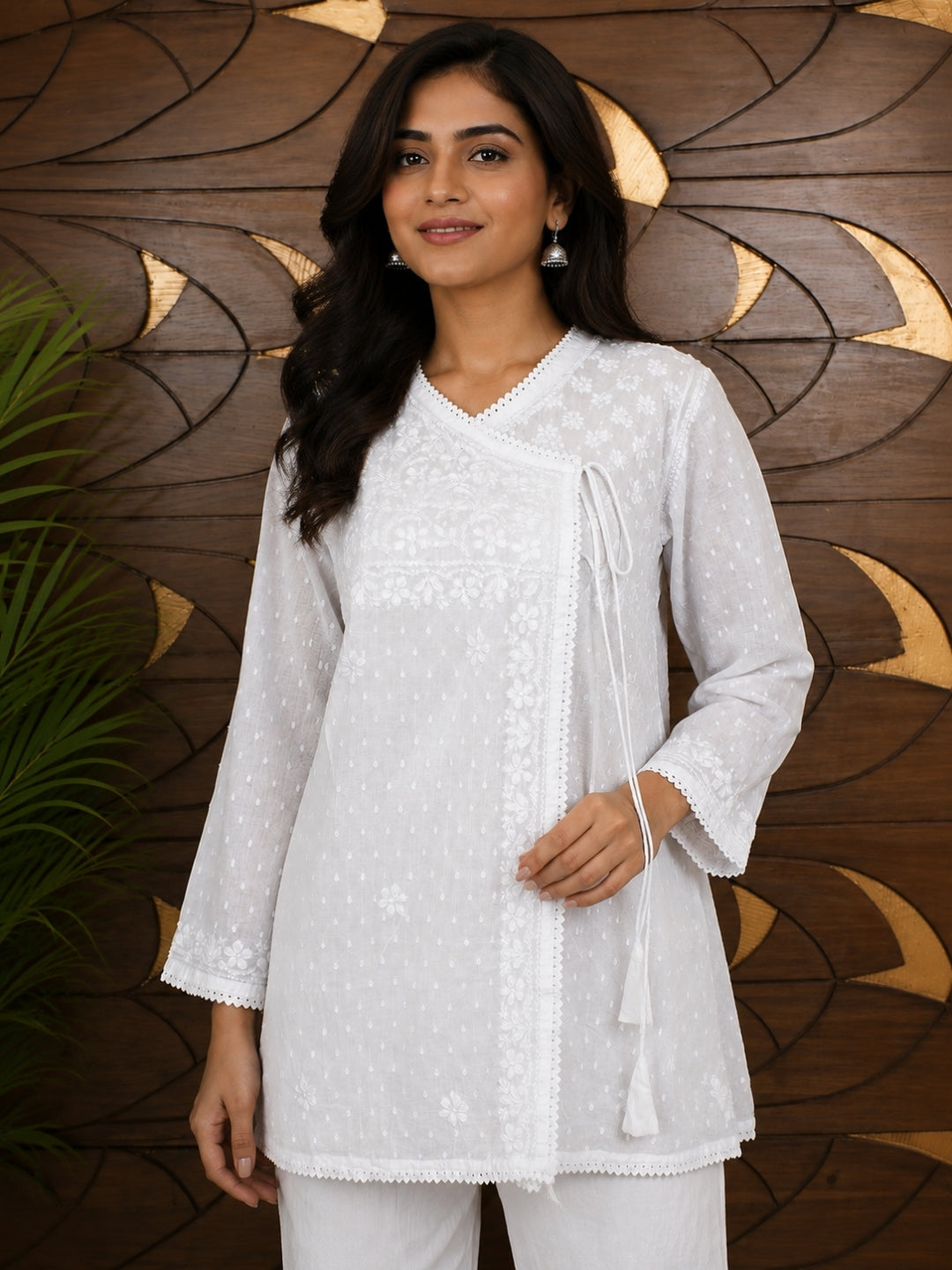 Ada Hand Embroidered White Cotton Angarkha Lucknowi Chikankari Top A911567