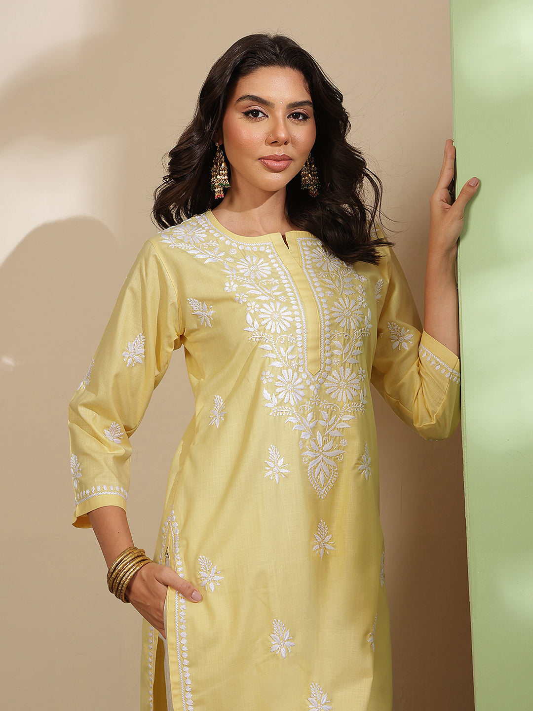 Ada Hand Embroidered Yellow Cotton Lucknow Chikankari Kurta A411814