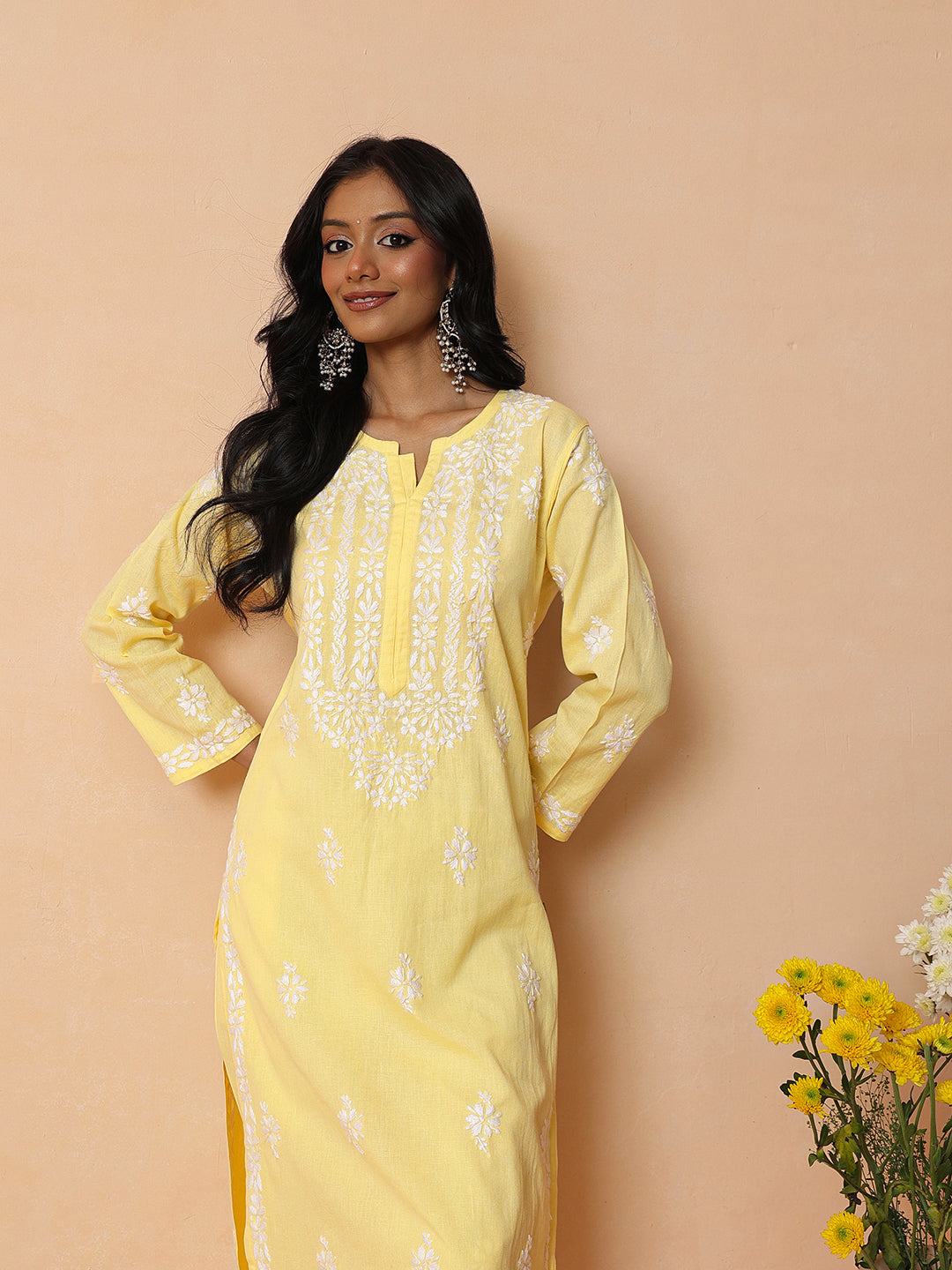 Ada Hand Embroidered Yellow Linen Lucknowi Chikankari Co-Ord Set A811388