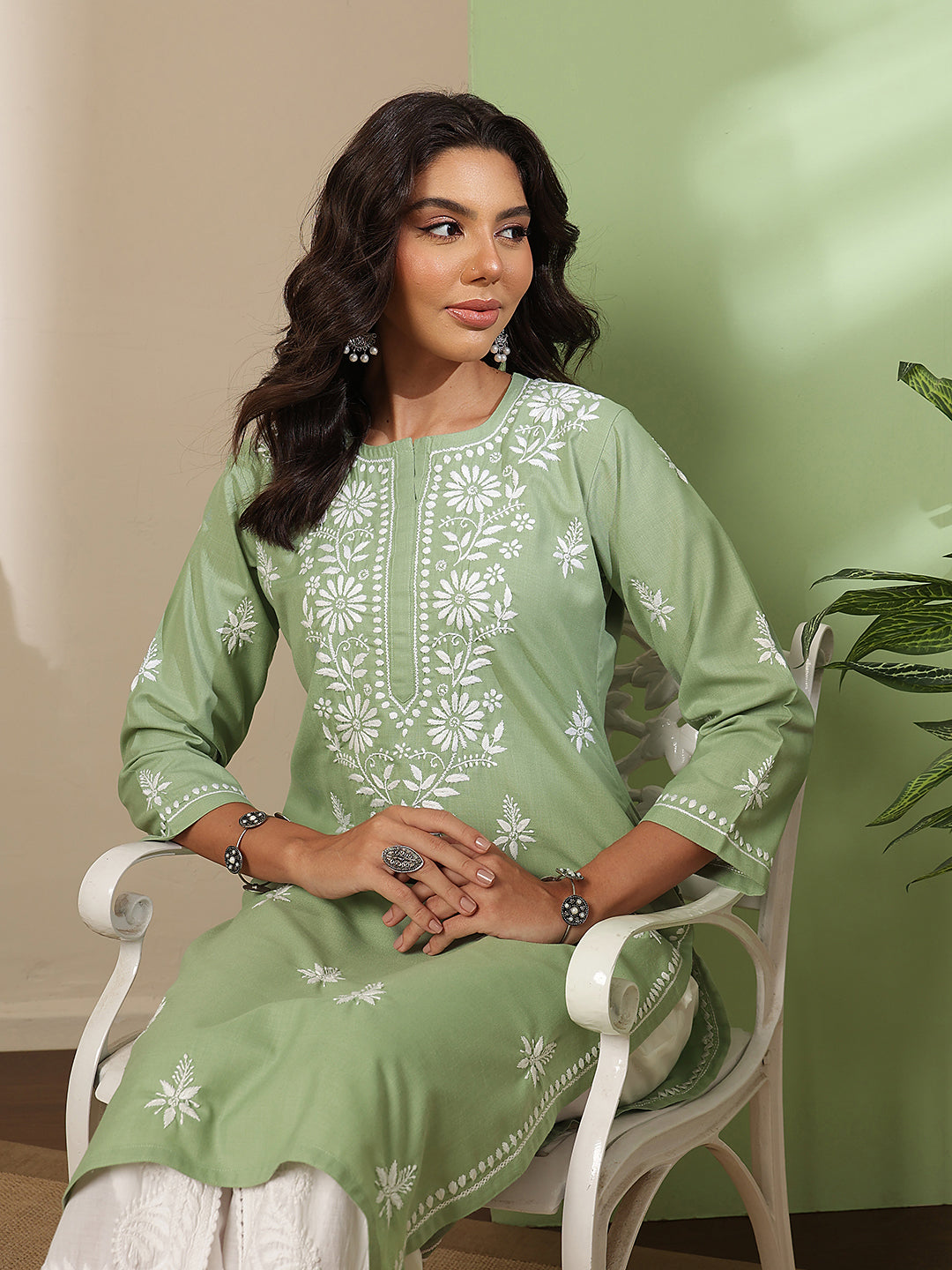 Ada Hand Embroidered Sage Green Cotton Lucknow Chikankari Kurta A411813