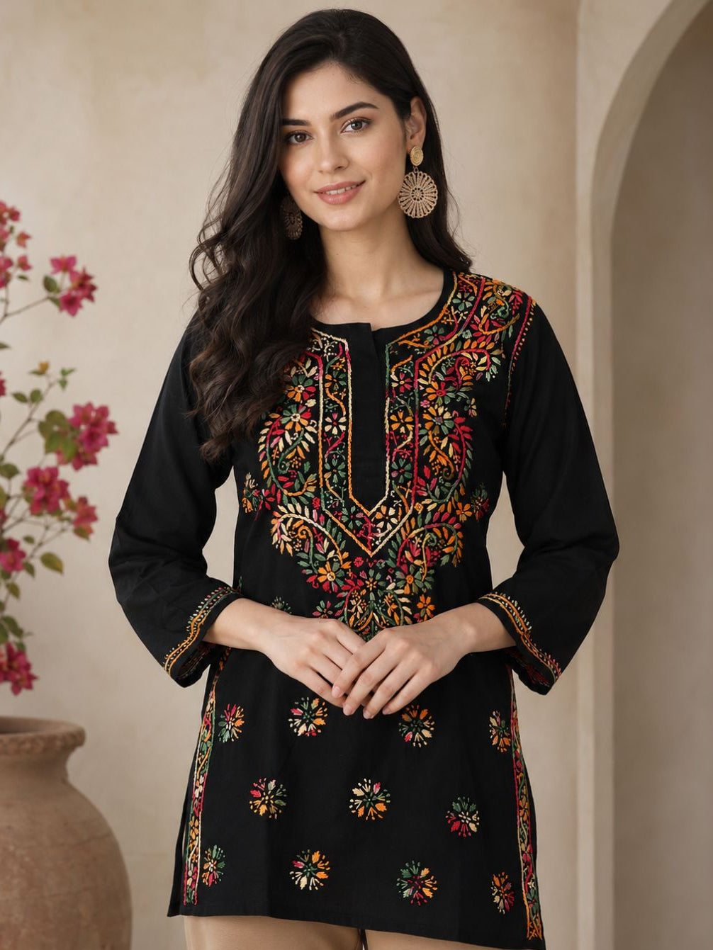 Ada Hand Embroidered Black Cotton Lucknowi Chikankari Straight Kurti A100386