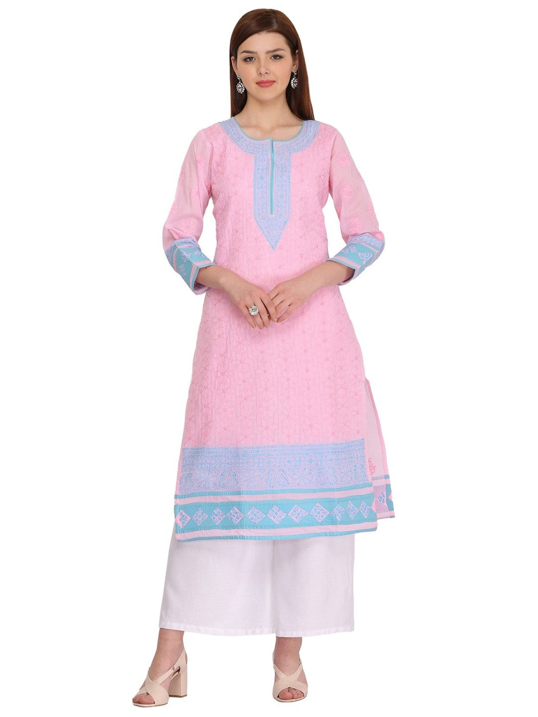 Ada Hand Embroidered Pink Cotton Lucknowi Chikankari Straight Kurta A272802