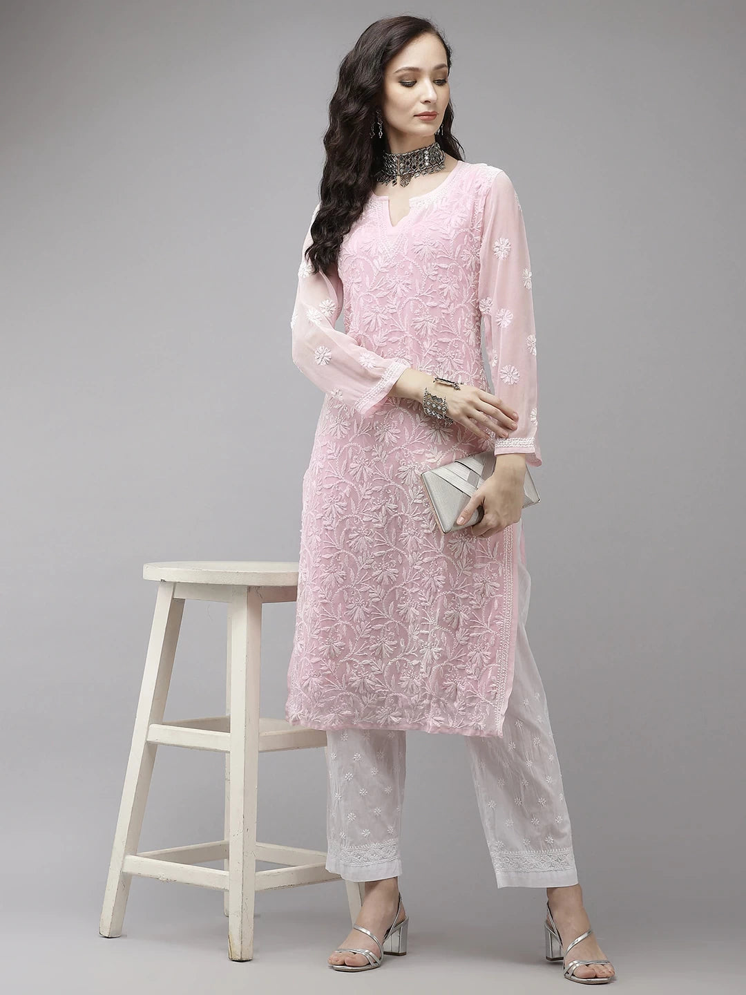 Ada Hand Embroidered Pink Georgette Lucknowi Chikankari Kurta Set with Slip A811217