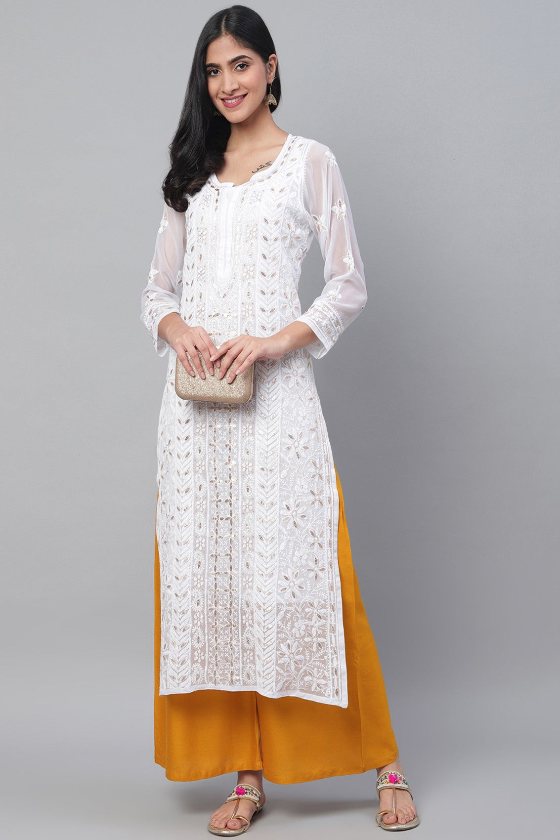Ada Hand Embroidered White Georgette Lucknowi Chikankari Straight Kurta/Slip with Gota patti Work A411114
