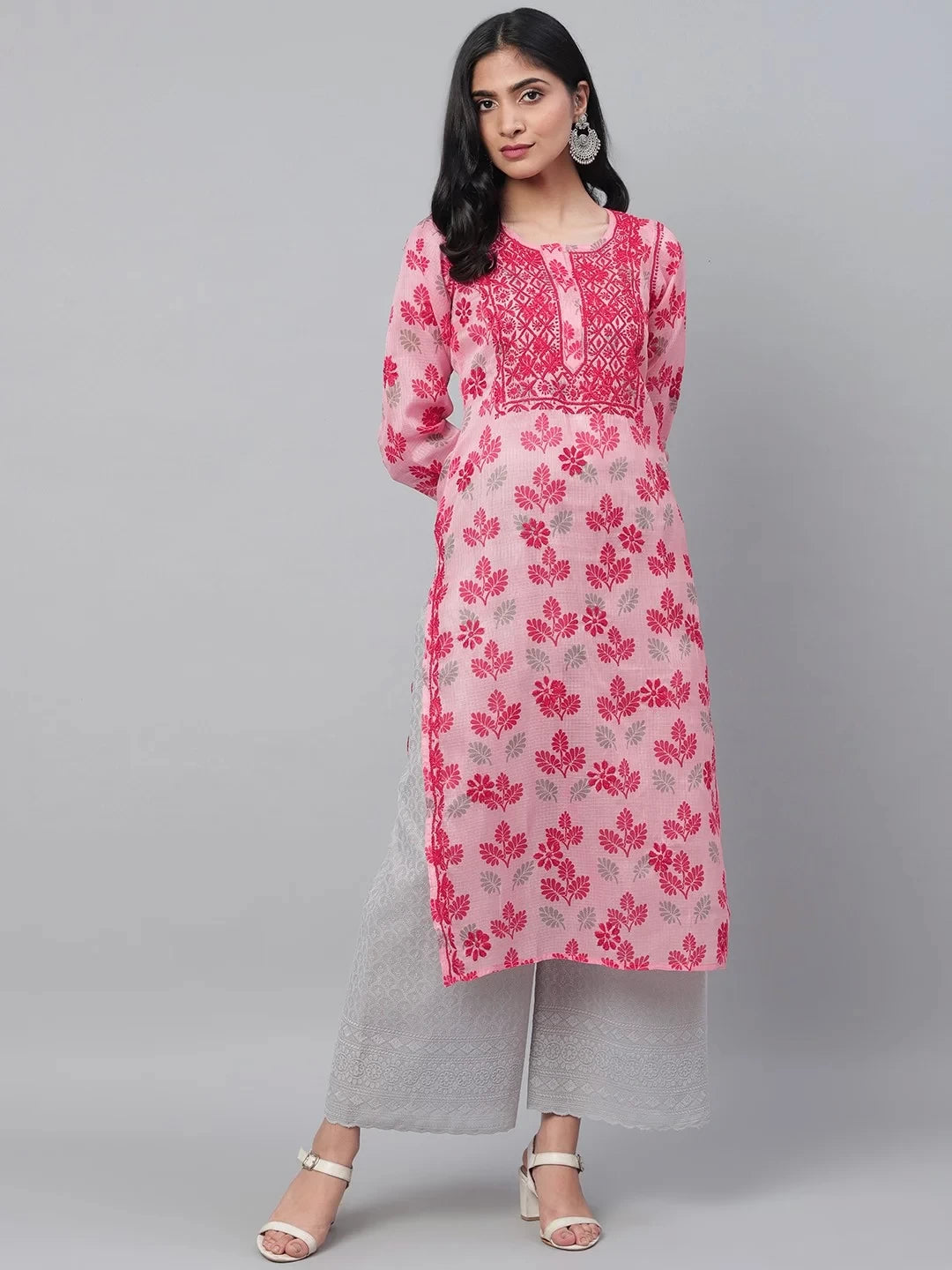 Ada Hand Embroidered Pink Kota Lucknowi Chikankari Straight Kurta A100585