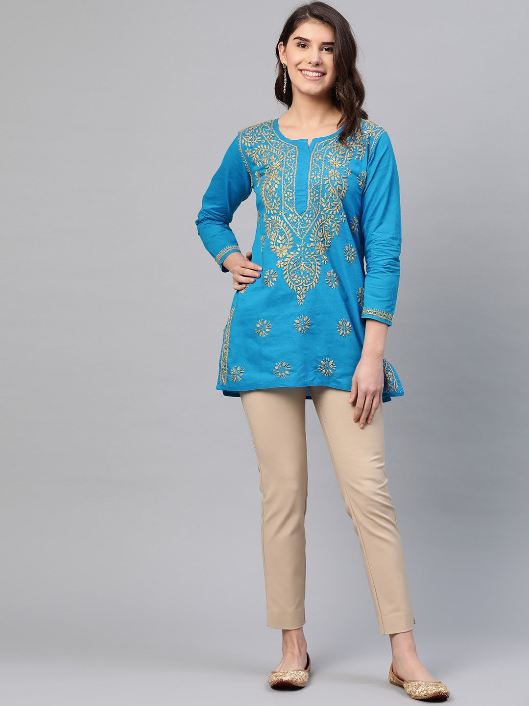 Ada Hand Embroidered Blue Cotton Lucknowi Chikankari Straight Kurti A250542
