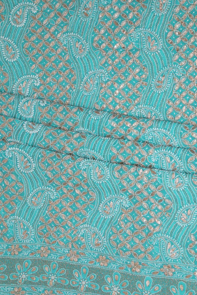 Ada Hand Embroidered Rama Green Georgette Lucknowi Chikan Unstitched Kurta Dupatta Set With Gota Patti Work A443924