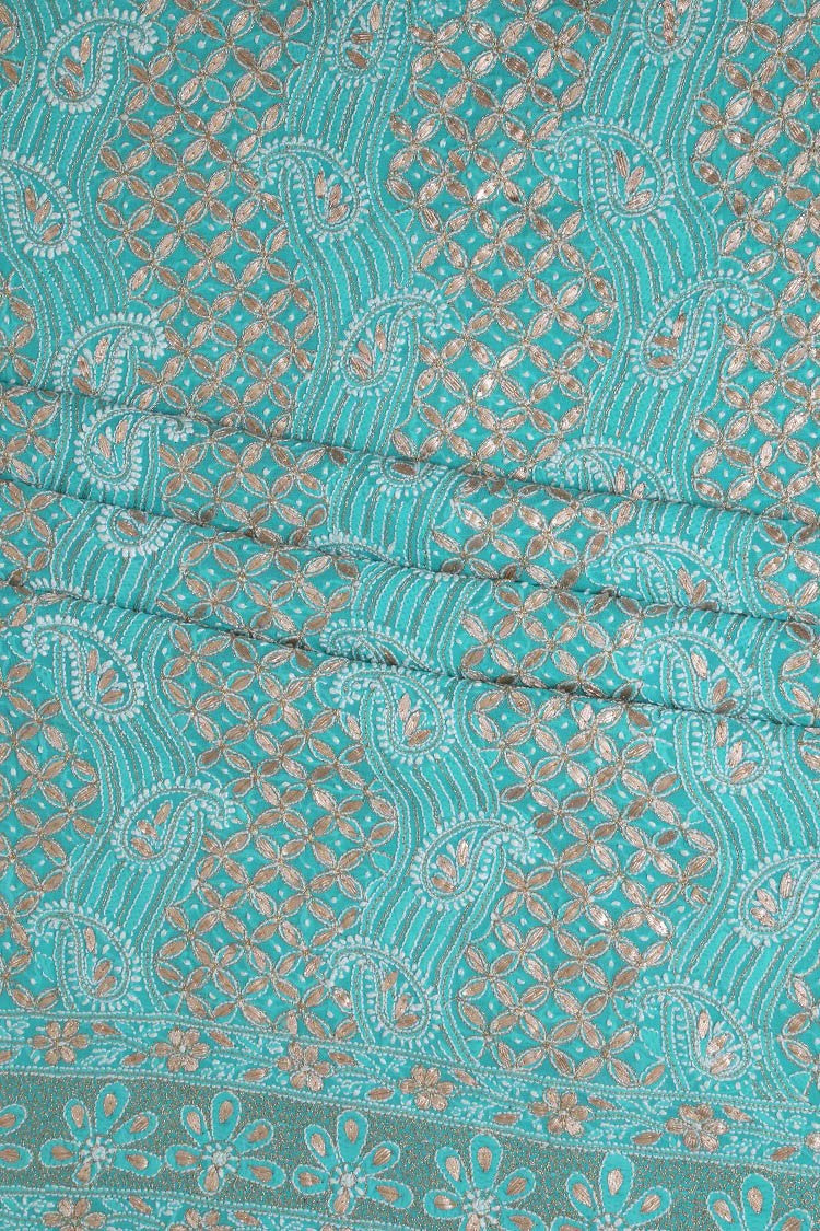 Ada Hand Embroidered Rama Green Georgette Lucknowi Chikan Unstitched Kurta Dupatta Set With Gota Patti Work A443924