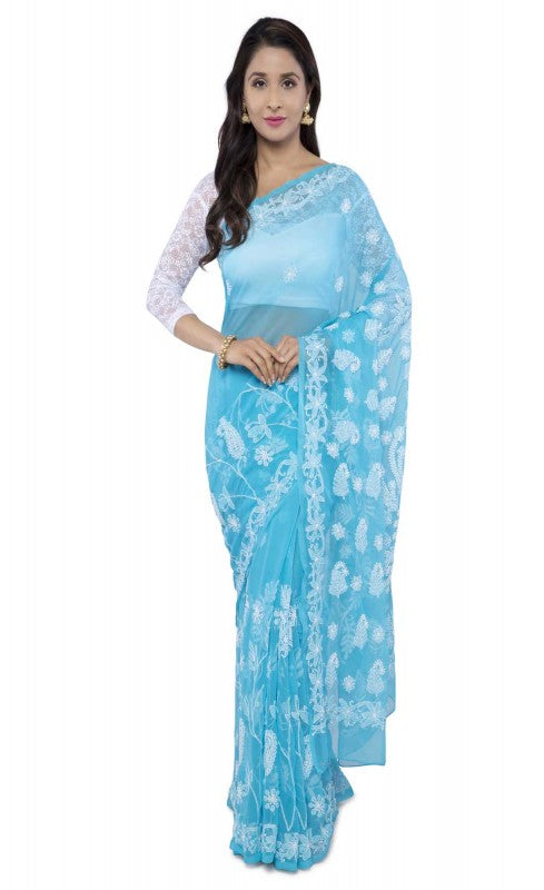 Ada Hand Embroidered Blue Georgette Lucknow Chikan Saree with Blouse A381324