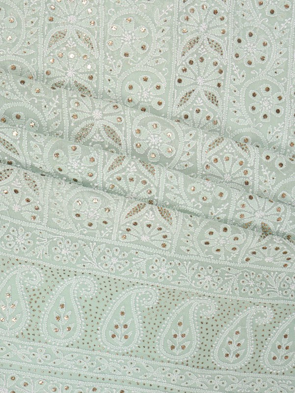 Ada Hand Embroidered Pista Green Pure Georgette Lucknowi Chikan Unstitched Kurta Piece with Muqaish Work A576710