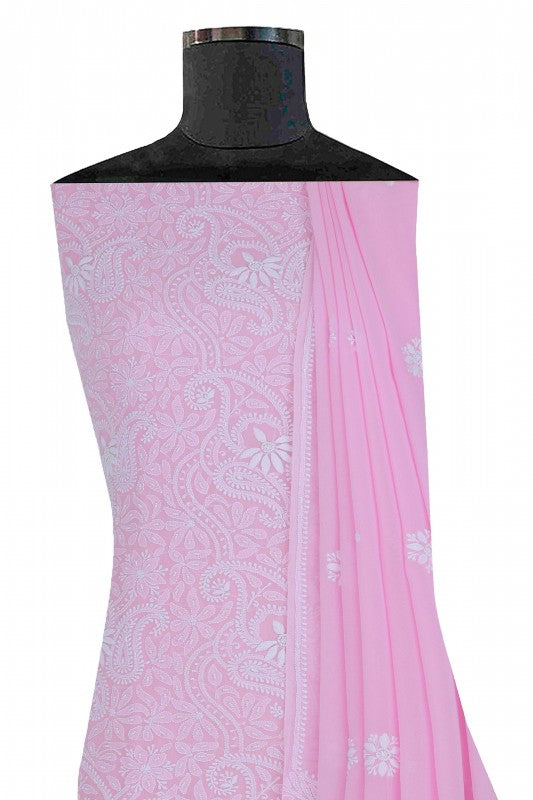 Ada Hand Embroidered Onion Pink Pure Georgette Lucknowi Chikan Unstitched Kurta Dupatta Set with Pearl Work A609230