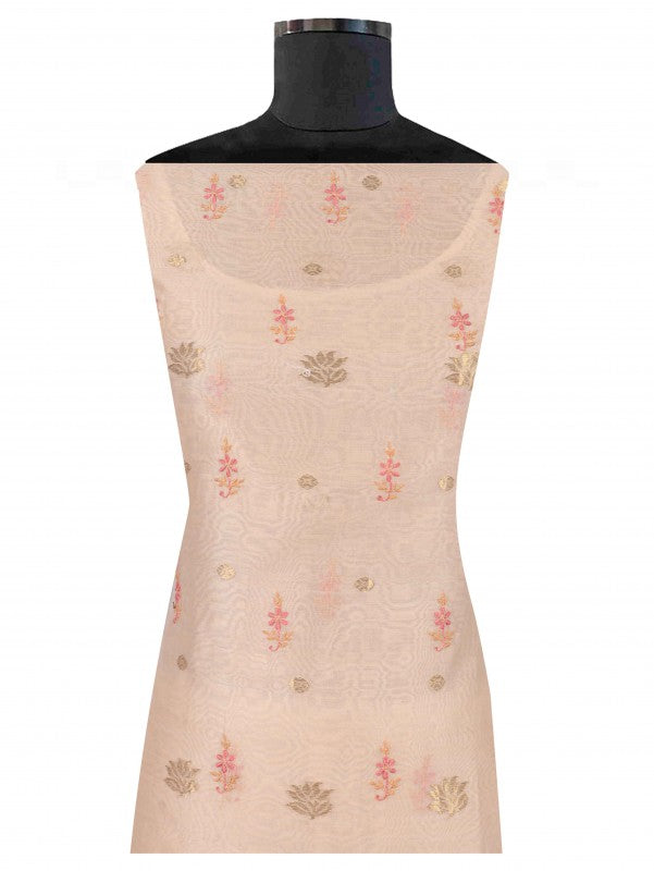 Ada Hand Embroidered Peach Chanderi Lucknowi Chikankari Unstitched Kurta Dupatta Set A622156
