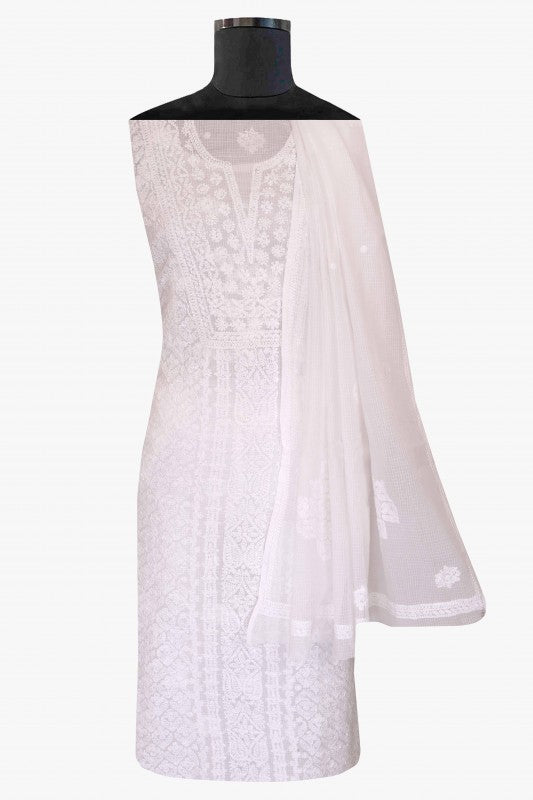 Ada Hand Embroidered White Kota Lucknowi Chikan Unstitched Kurta Dupatta-A618166