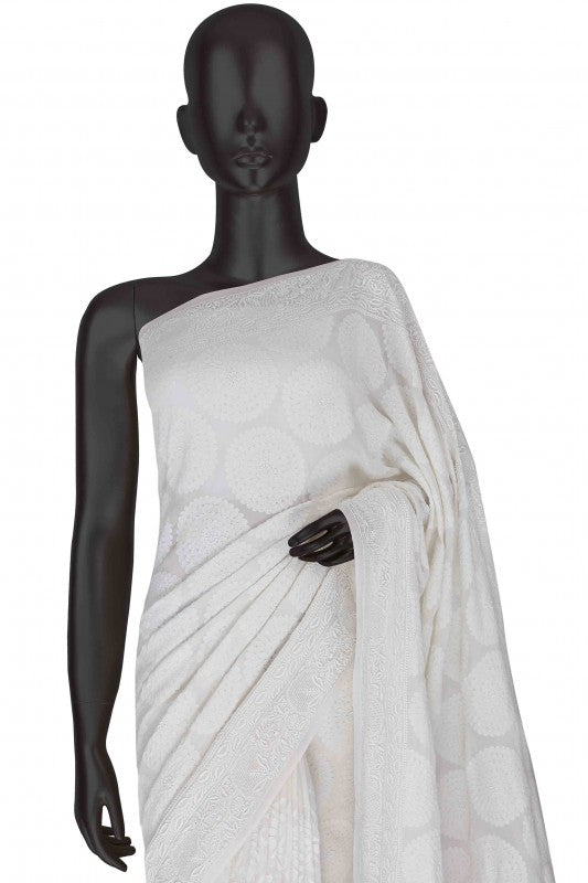 Ada Hand Embroidered White Pure Georgette Lucknow Chikan Saree With Blouse-A453443
