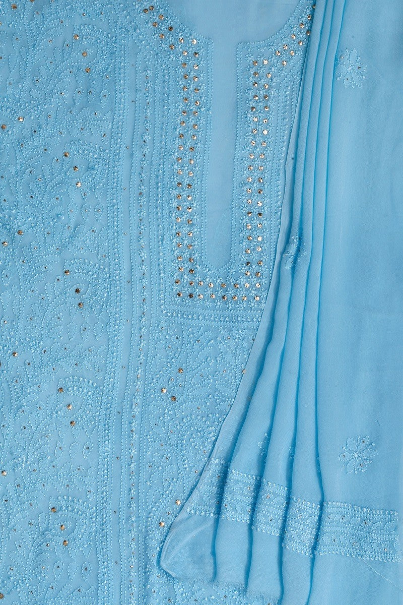 Ada Hand Embroidered Sky Blue Georgette Lucknowi Chikan Unstitched Kurta Dupatta with Muqaish Work A607173