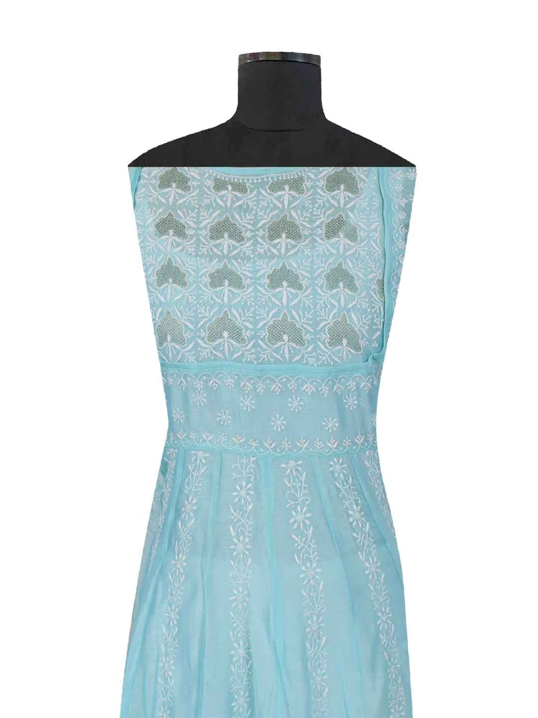 Ada Hand Embroidered Tame Teal Blue Chanderi Lucknowi Chikankari Semi-Stitched Anarkali Kurta Dupatta Set With Zari Work 01A205806