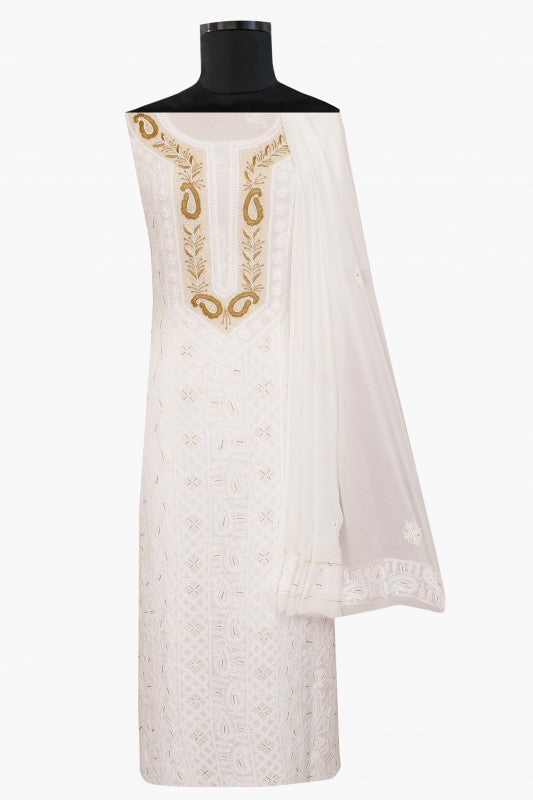 Ada Hand Embroidered White Georgette Lucknowi Chikan Unstitched Kurta Dupatta with Pearl Work A613206