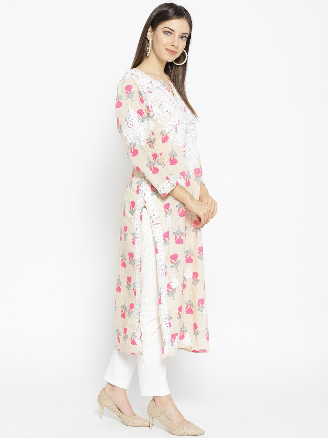 Ada Hand Embroidered Fawn Pink Cotton Lucknow Chikankari Kurta- A100026