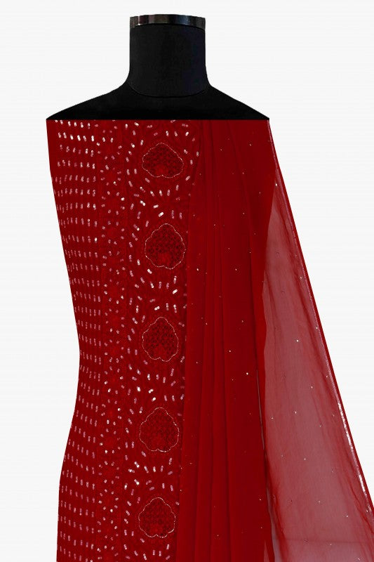 Ada Hand Embroidered Red Georgette Lucknowi Chikankari Unstitched Kurta Dupatta Set With Sequinned Work A508602