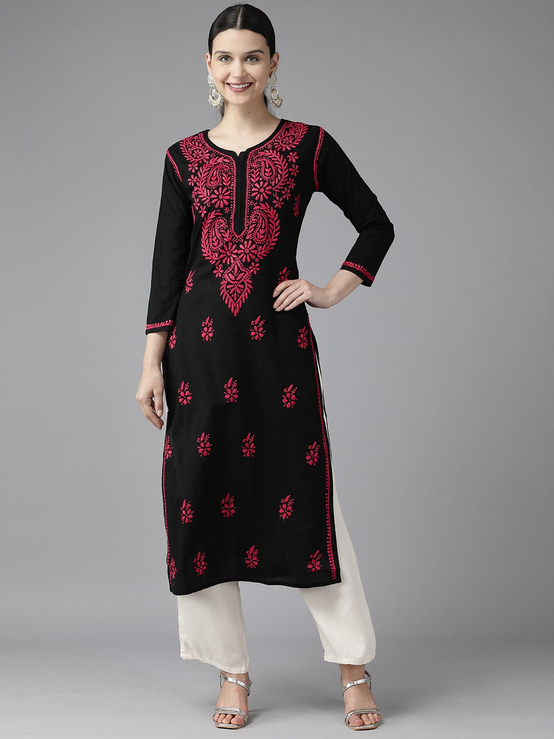 Ada Hand Embroidered Black Cotton Lucknow Chikankari Straight Kurta A411404