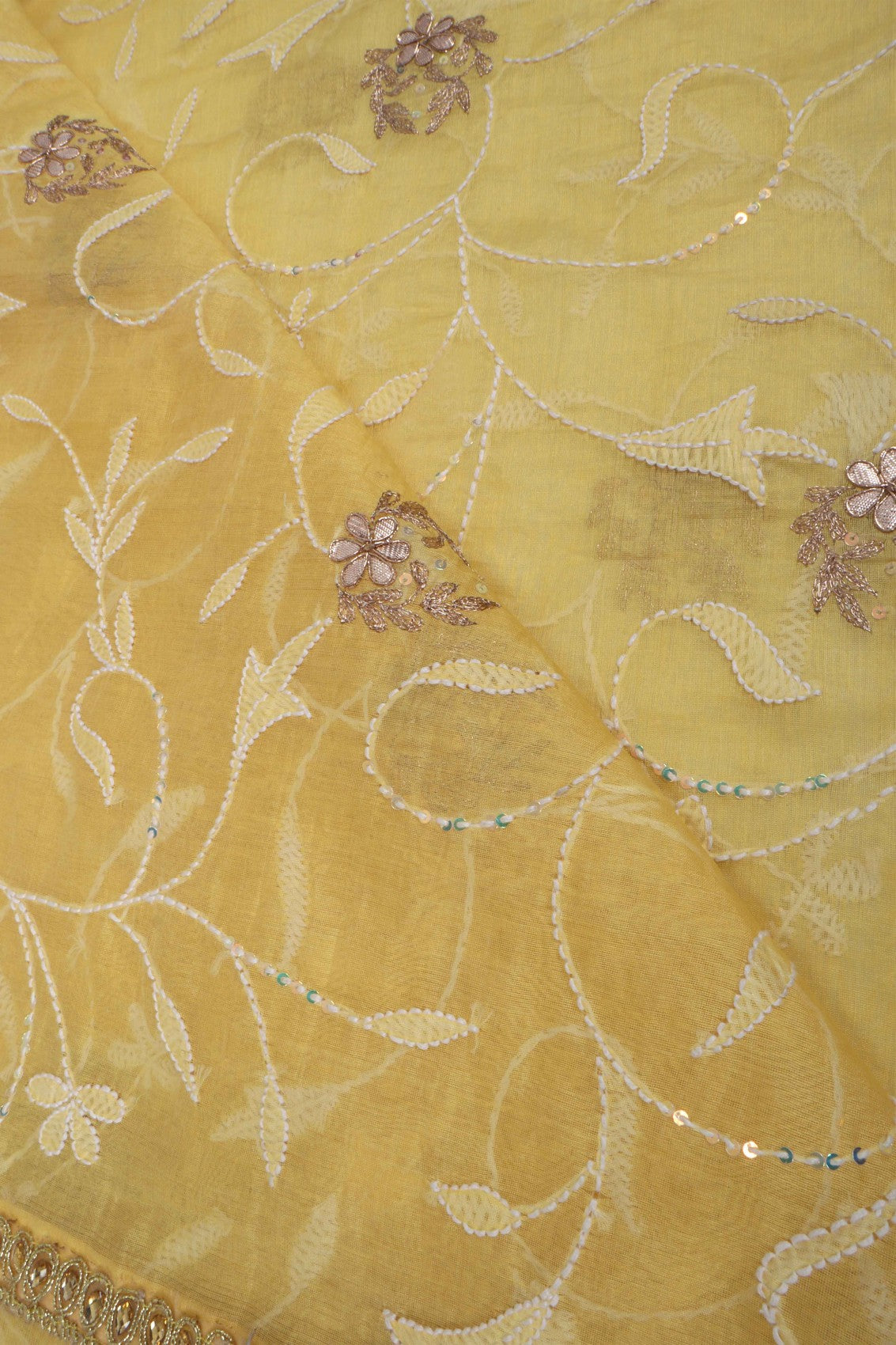 Ada Hand Embroidered Yellow Chanderi Lucknowi Chikankari Dupatta With Zari Work A105795