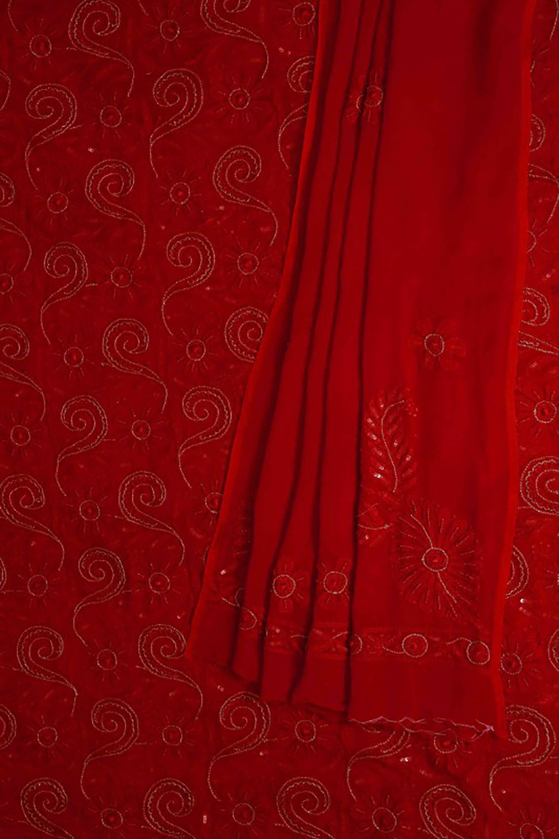 Ada Hand Embroidered Red Georgette Lucknowi Chikankari Unstitched Kurta Dupatta Set With Pearl & Sequinned work A611696