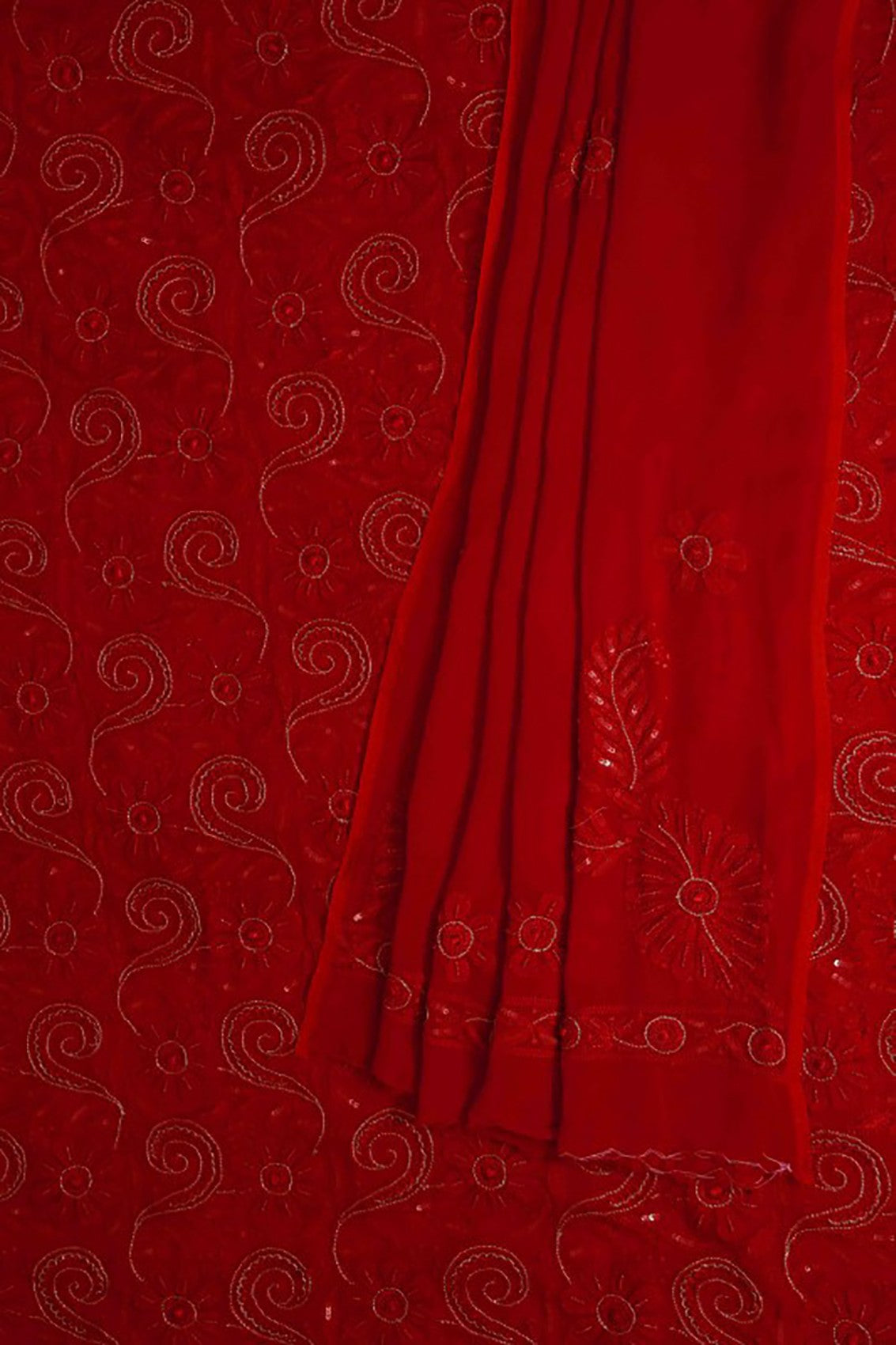 Ada Hand Embroidered Red Georgette Lucknowi Chikankari Unstitched Kurta Dupatta Set With Pearl & Sequinned work A611696