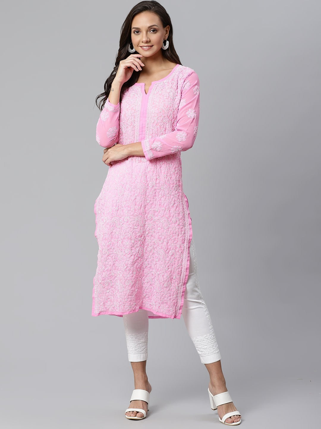 Ada Hand Embroidered Pink Georgette Lucknowi Chikankari Kurta with Palazzo Set A100404