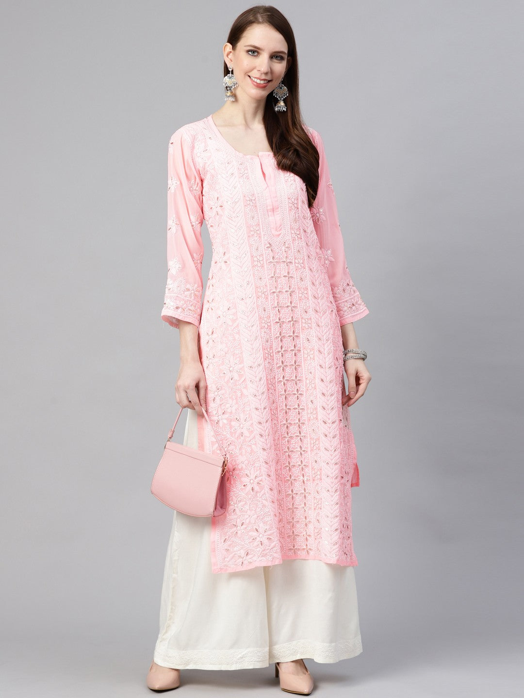 Ada Hand Embroidered Pink Georgette Lucknowi Chikan Straight Kurta/Slip with Gota patti Work A411112