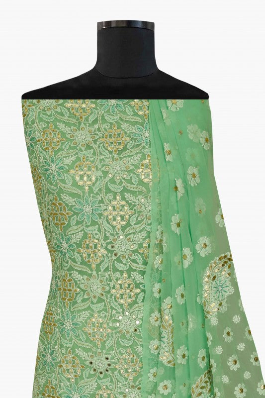 Ada Hand Embroidered Green Georgette Chikan Unstitched Kurta Dupatta Set with Gota Patti Work A406292