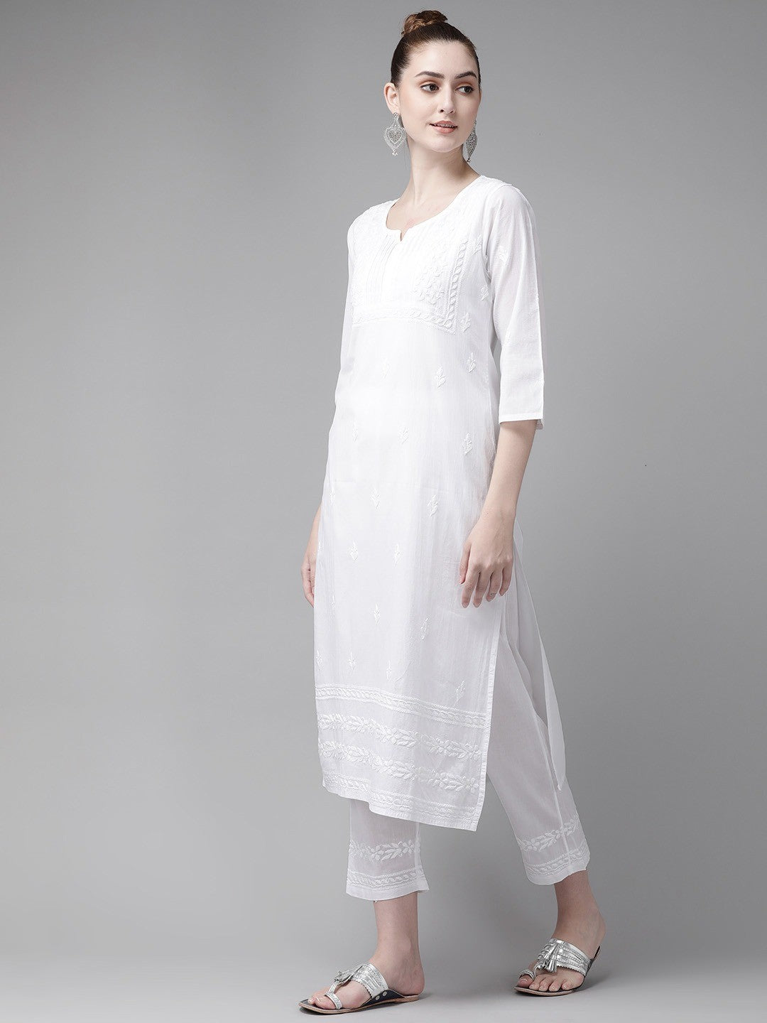 Ada Hand Embroidered White Cotton Lucknowi Chikankari Straight Kurta Set A811197