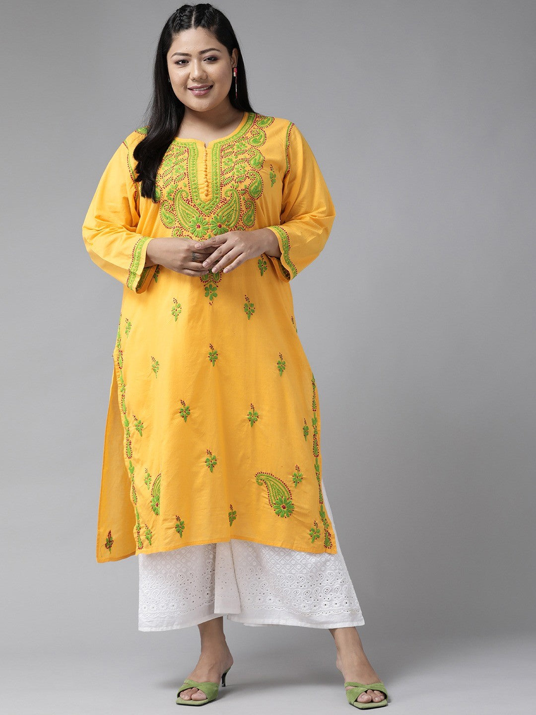 Ada Hand Embroidered Yellow Cotton Lucknowi Chikankari straight Kurta A223631