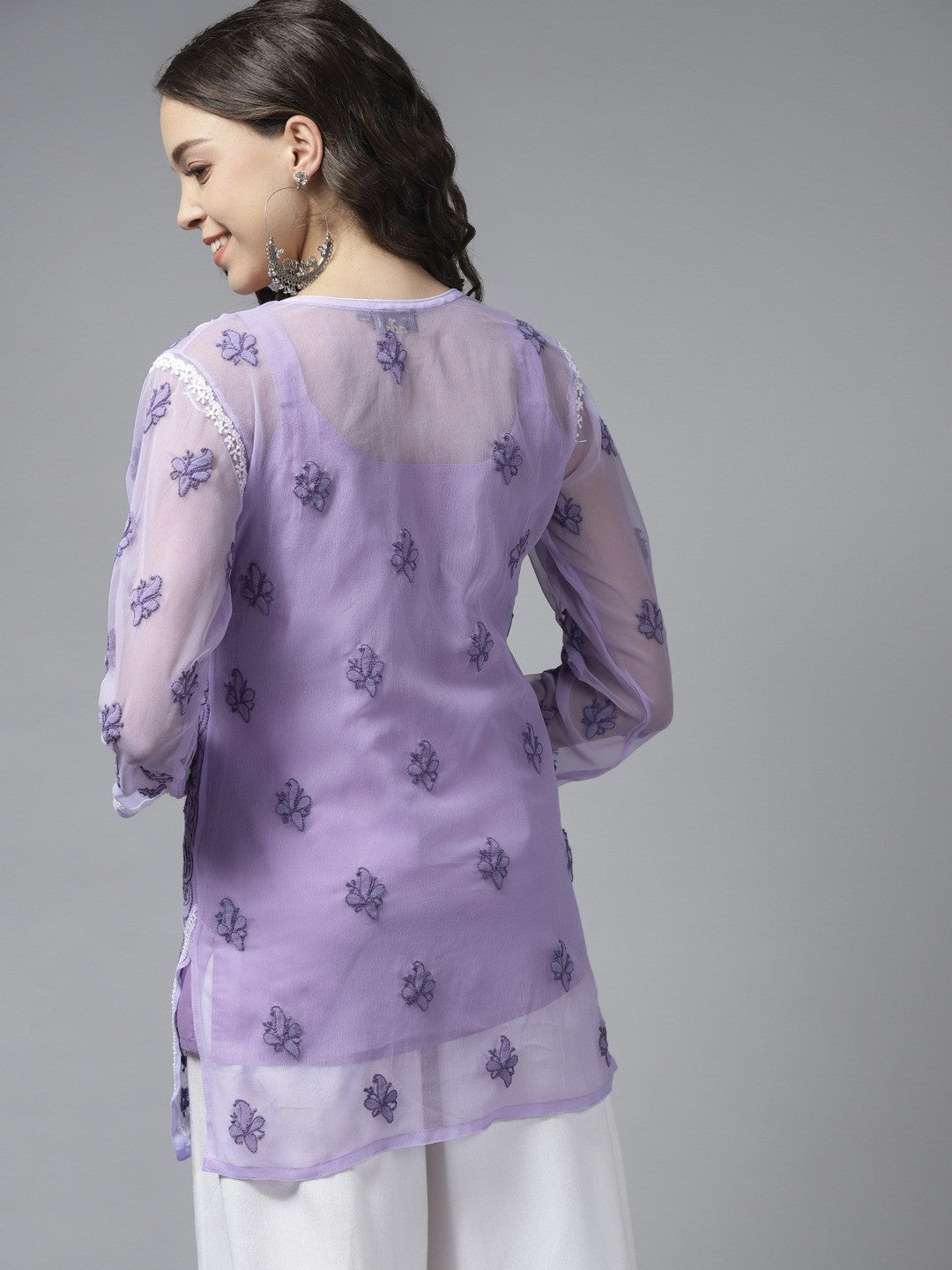 Ada Hand Embroidered Mauve Georgette Lucknowi Chikankari Short Kurti With Slip A211683