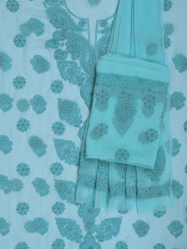 Ada Hand Embroidered Arctic Blue Georgette Lucknowi Chikan Unstitched Suit Piece A211229