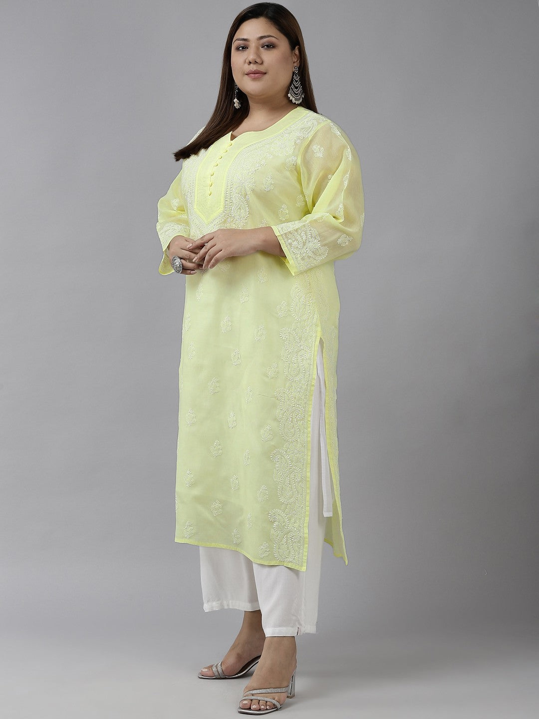 Ada Hand Embroidered Lemon Cotton Lucknowi Chikankari Straight Kurta A100355