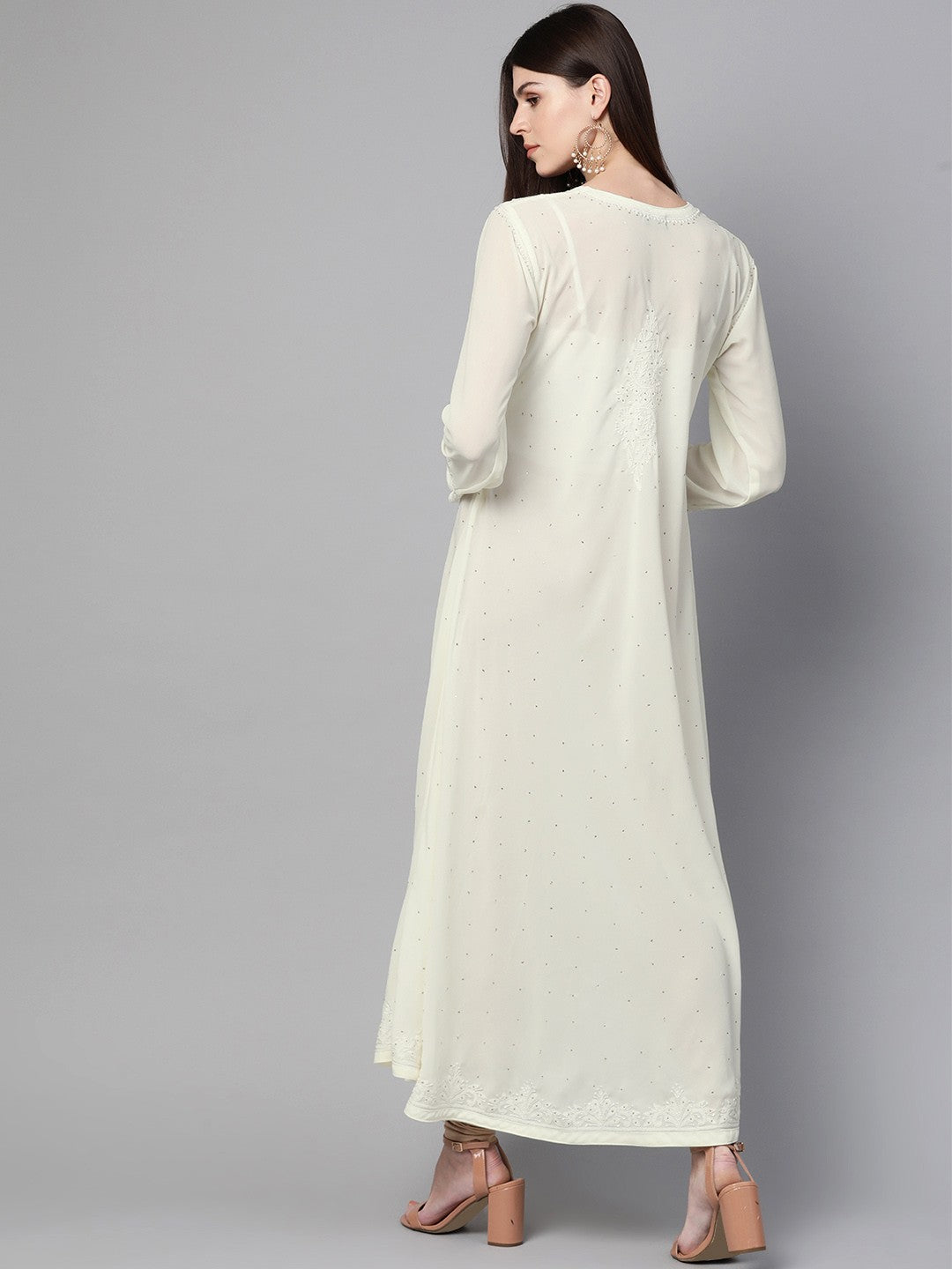 Ada Hand Embroidered Cream Georgette Lucknowi Chikan A-Line Kurta with Muqaish Work A100428