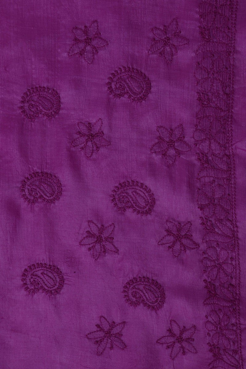 Ada Hand Embroidered Magenta Tusser Silk Lucknowi Chikankari Saree With Blouse- A525189