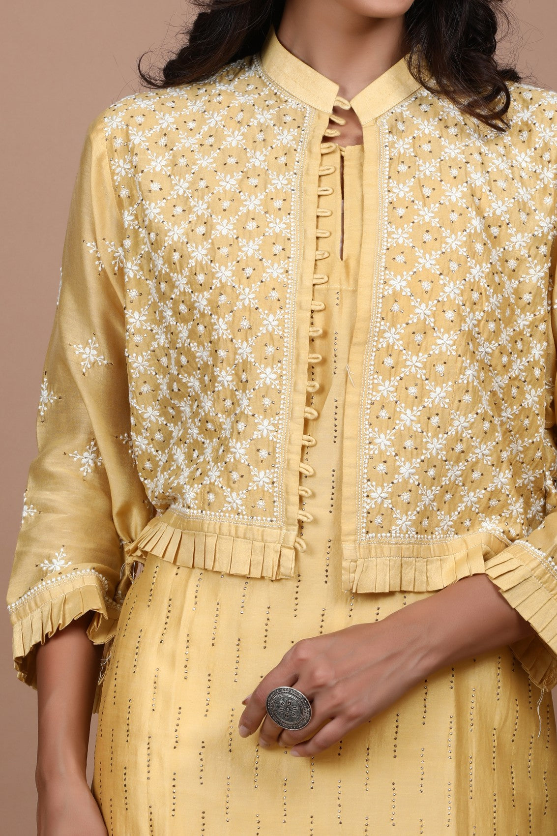 Ada Hand Embroidered Fawn Chanderi Lucknowi Chikankari Semi-Stitched Kurta/Jacket With Muqaish Work A597291