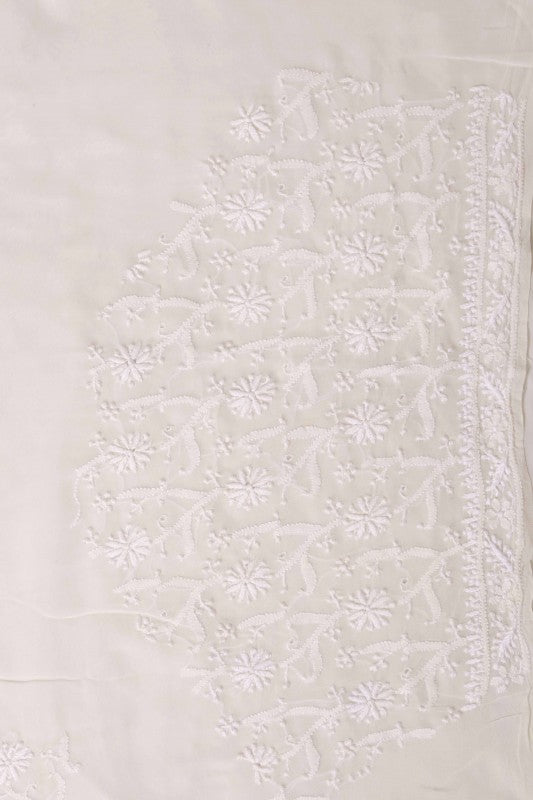 Ada Hand Embroidered Off White Pure Georgette Lucknowi Chikan Unstitched Kurta Piece-A625464