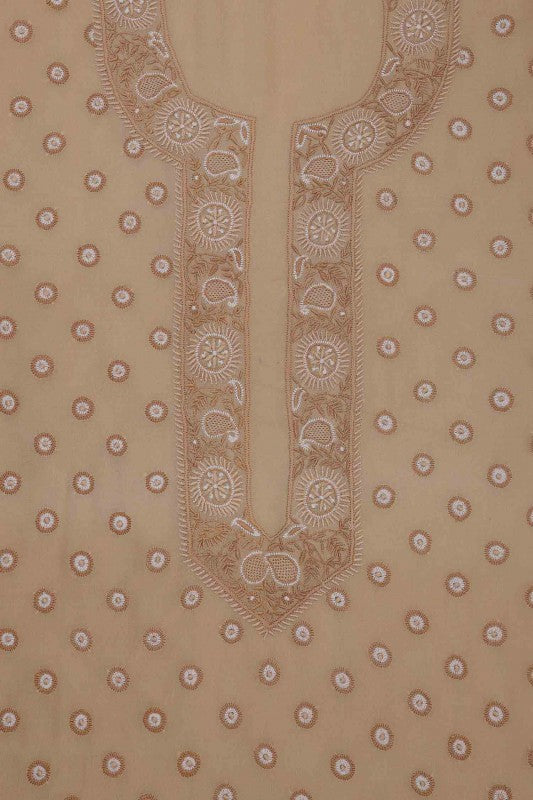 Ada Hand Embroidered Fawn Pure Georgette Lucknowi Chikan Unstitched Men's Kurta Piece A134304