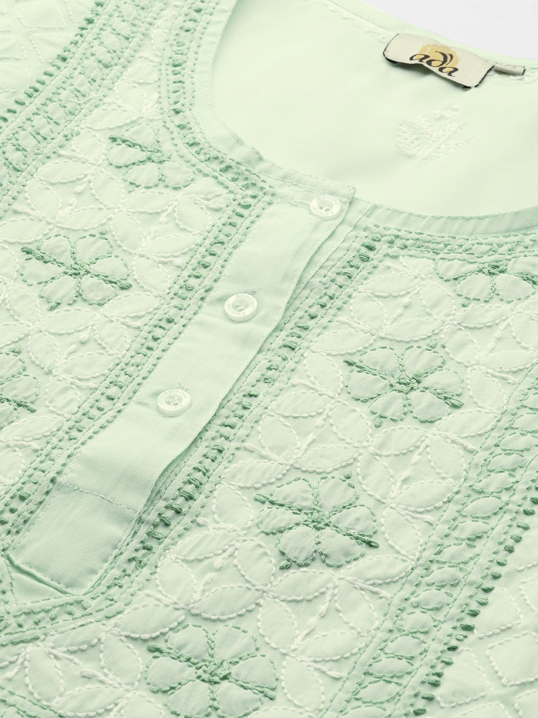 Ada Hand Embroidered Green Cotton Lucknowi Chikankari Straight Kurti A911243